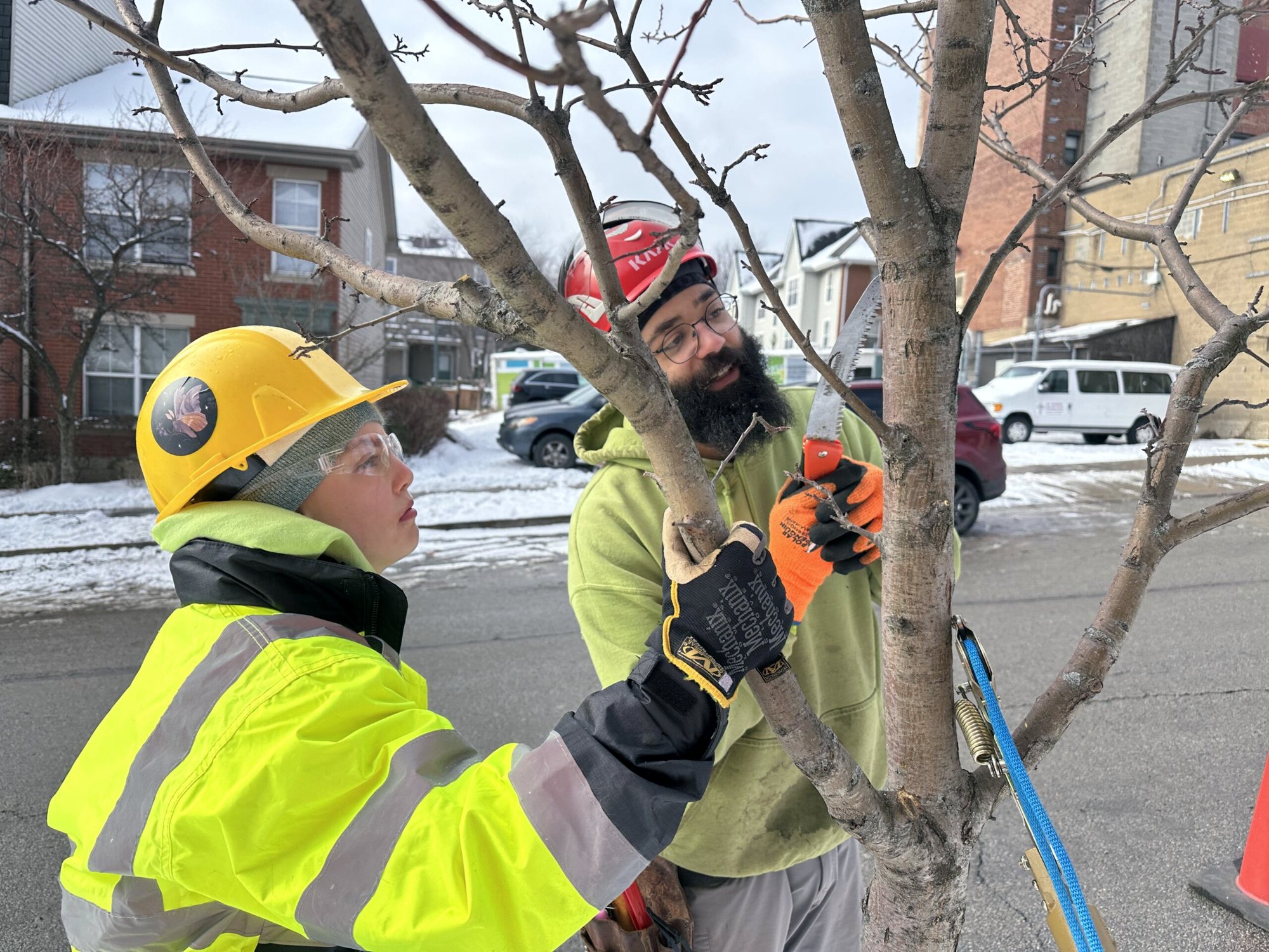 Two crew members in high-visibility jackets and hard hats tend a young street tree on a snowy city block