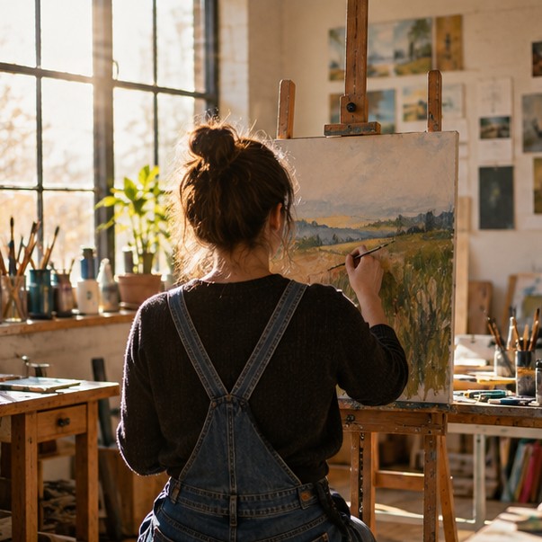 A young artist painting at an easel in a sunlit studio