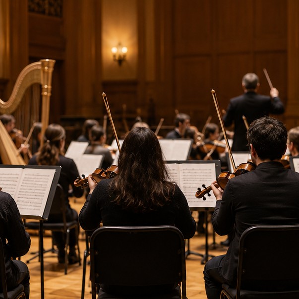 A chamber orchestra rehearsing in a warm-lit concert hall
