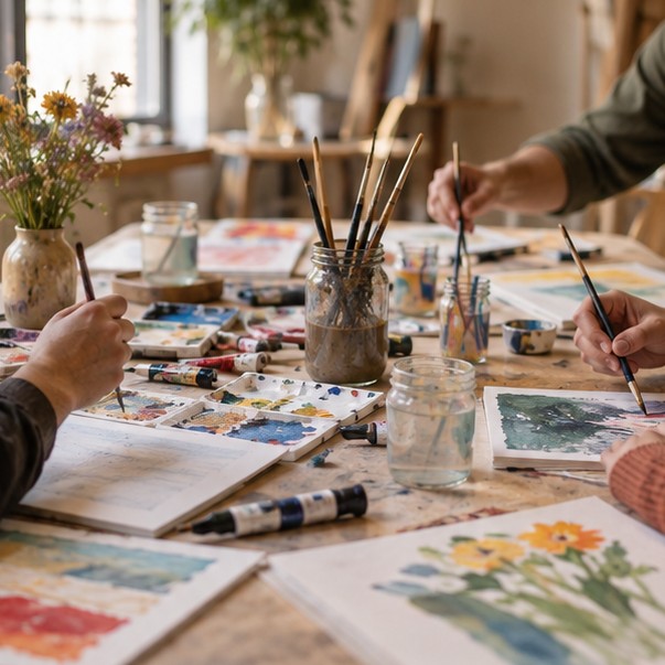 A community art workshop table with paints, brushes and work in progress