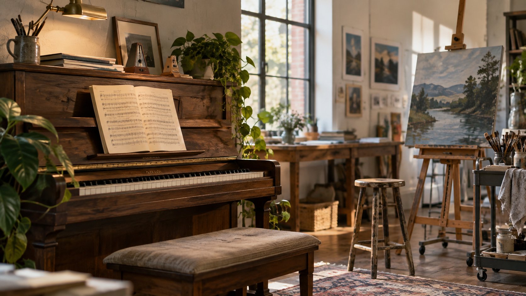 A warmly lit community arts studio with a piano and an easel, natural window light