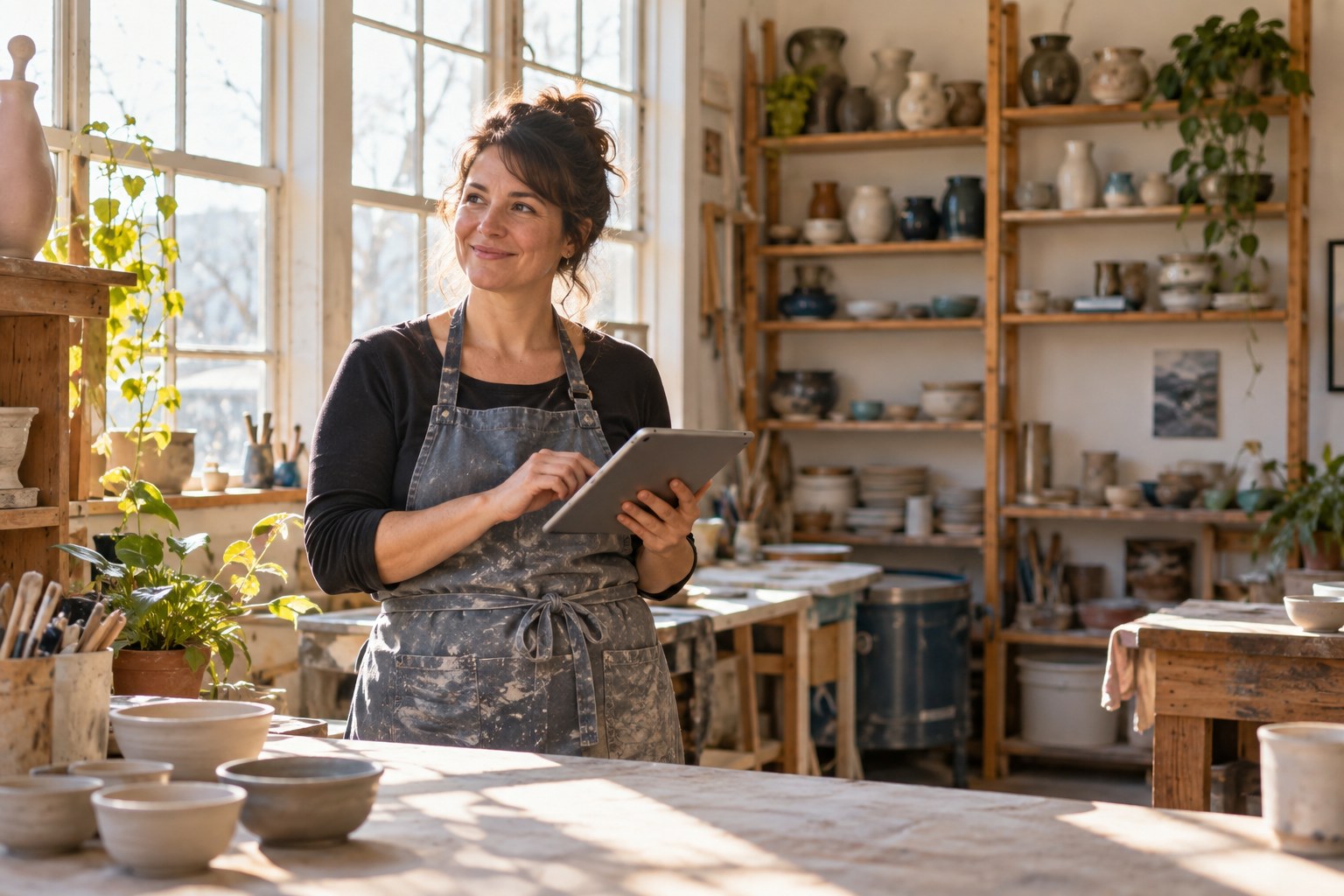 A Michigan small-business owner working in her sunlit pottery studio.