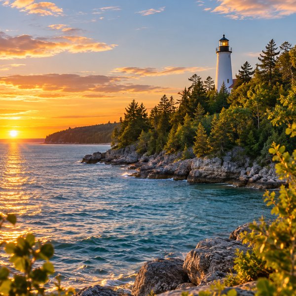 A Michigan lighthouse on the coast at sunset.