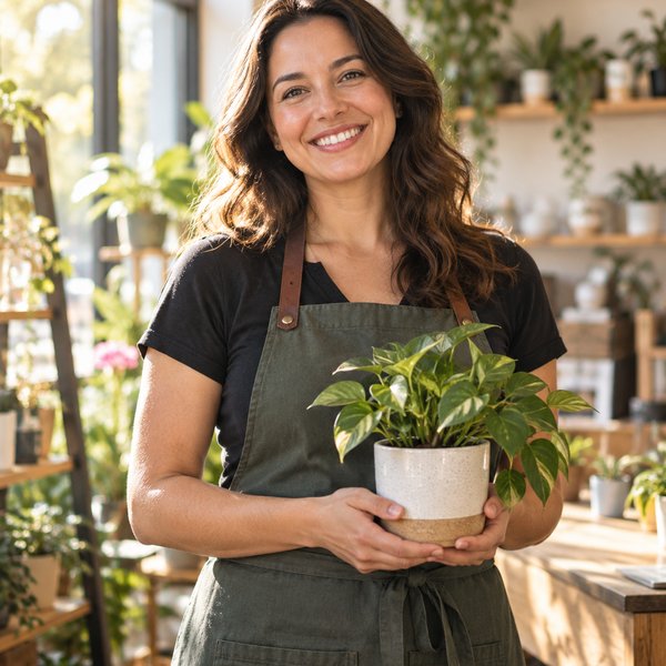 A Michigan small-business owner holding a potted plant in her shop.