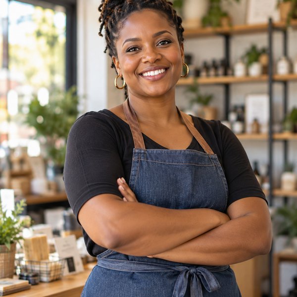 A confident small-business owner standing in her shop.
