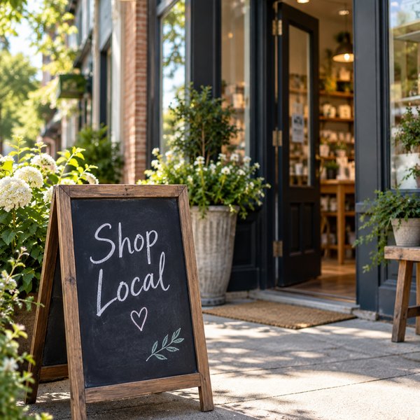 A downtown storefront with a Shop Local sandwich board.