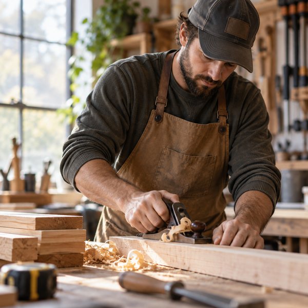 A woodworker planing a board in his workshop.