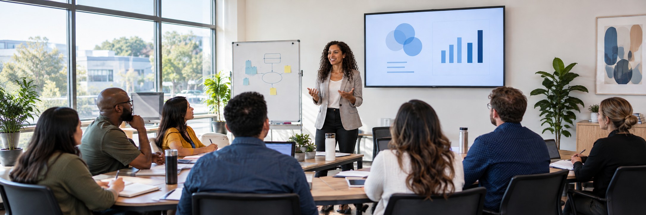 A presenter leading a small business workshop while attendees take notes.