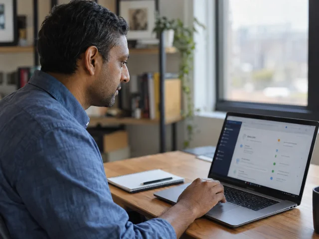 A small-business owner checking account security on a laptop