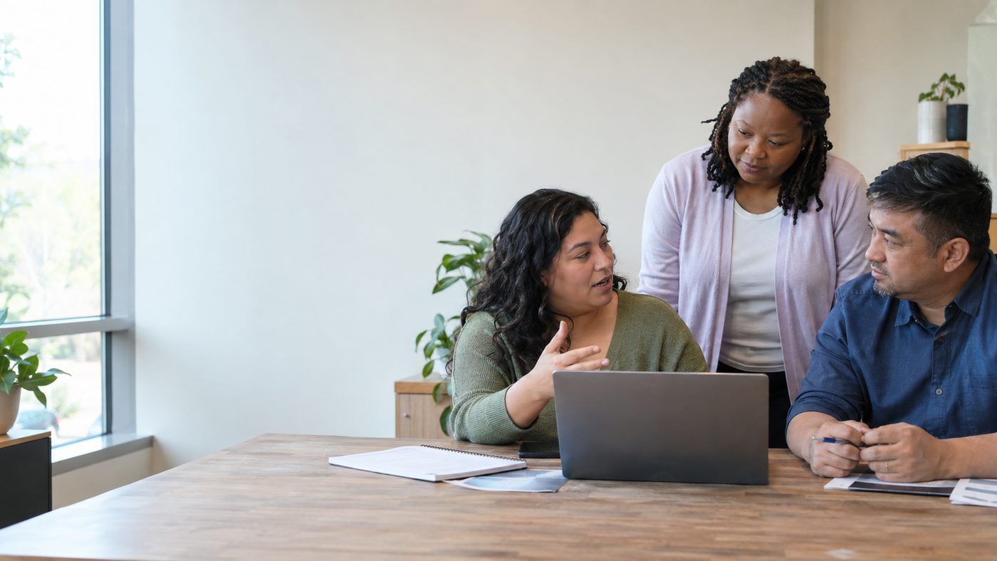 Three health center staff discussing material together around a laptop