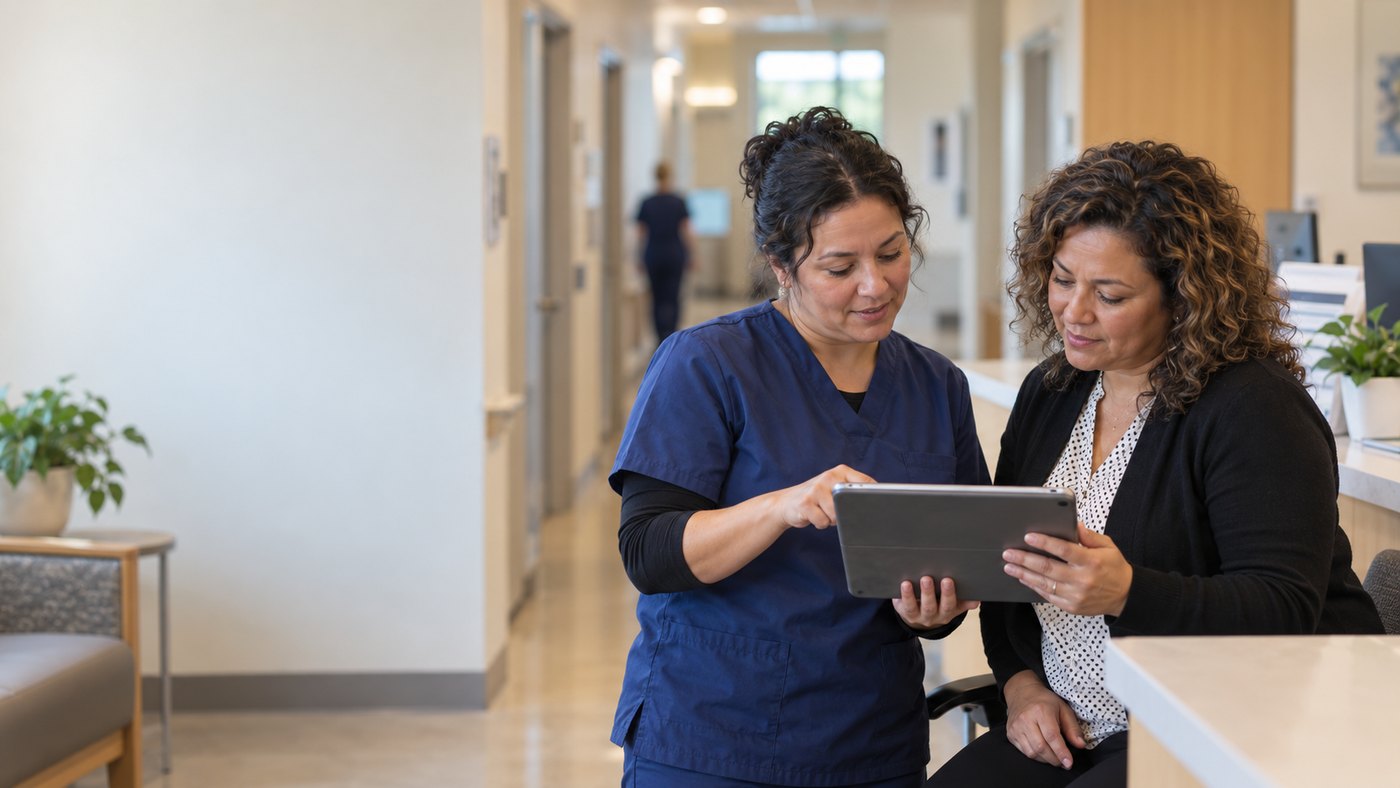 A nurse and a front-desk colleague in a health center corridor, reading something together on a tablet