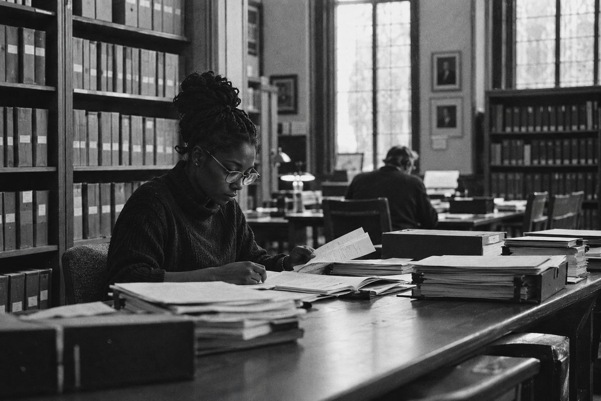 A researcher working through stacks of printed reports in an archive reading room