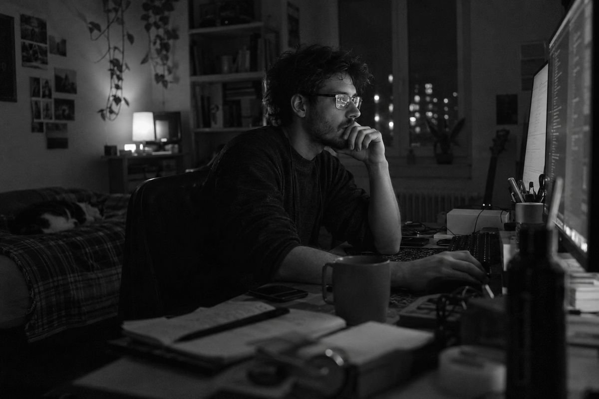 A developer working late at a cluttered desk, lit by the screen