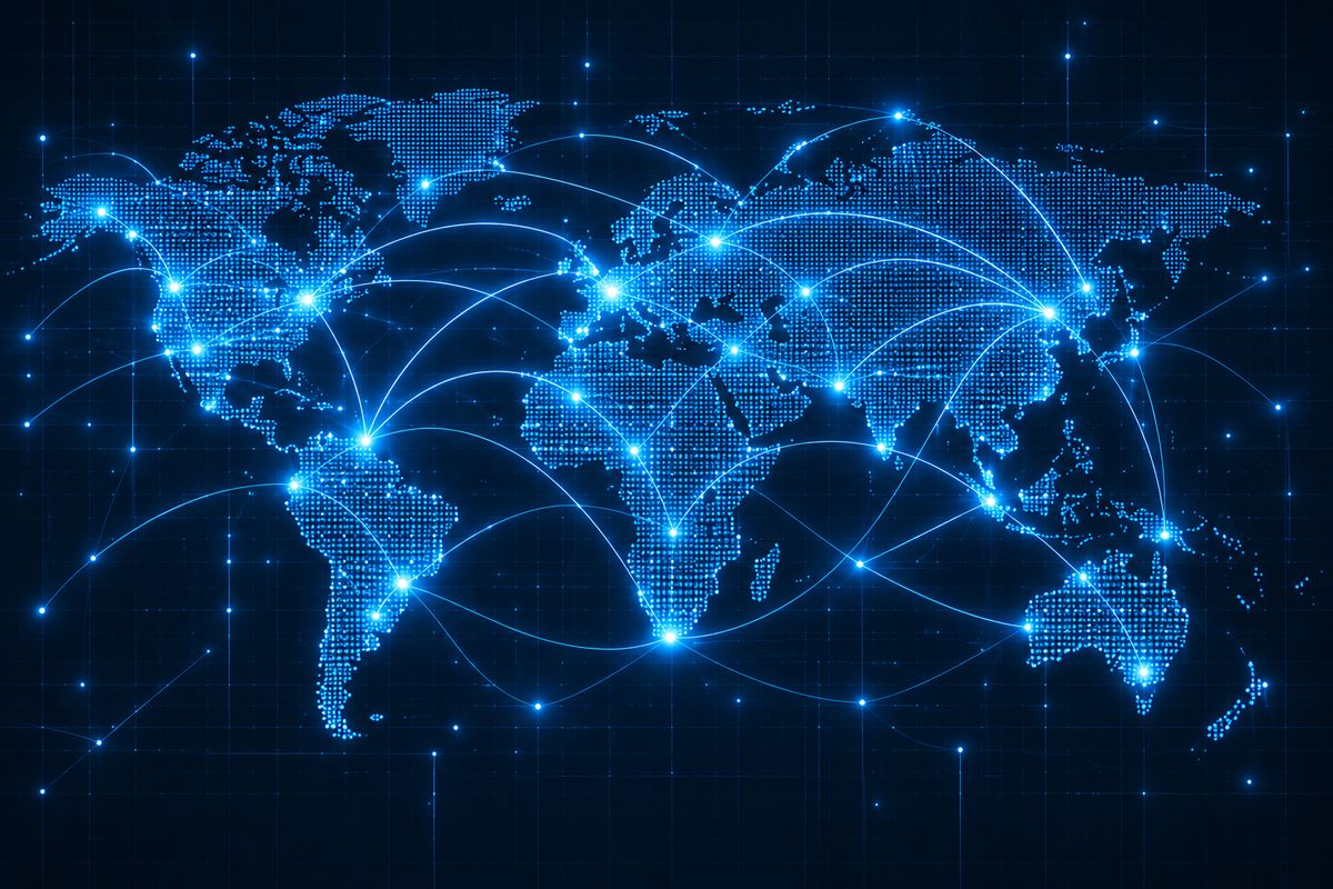 A world map traced with glowing connections between cities