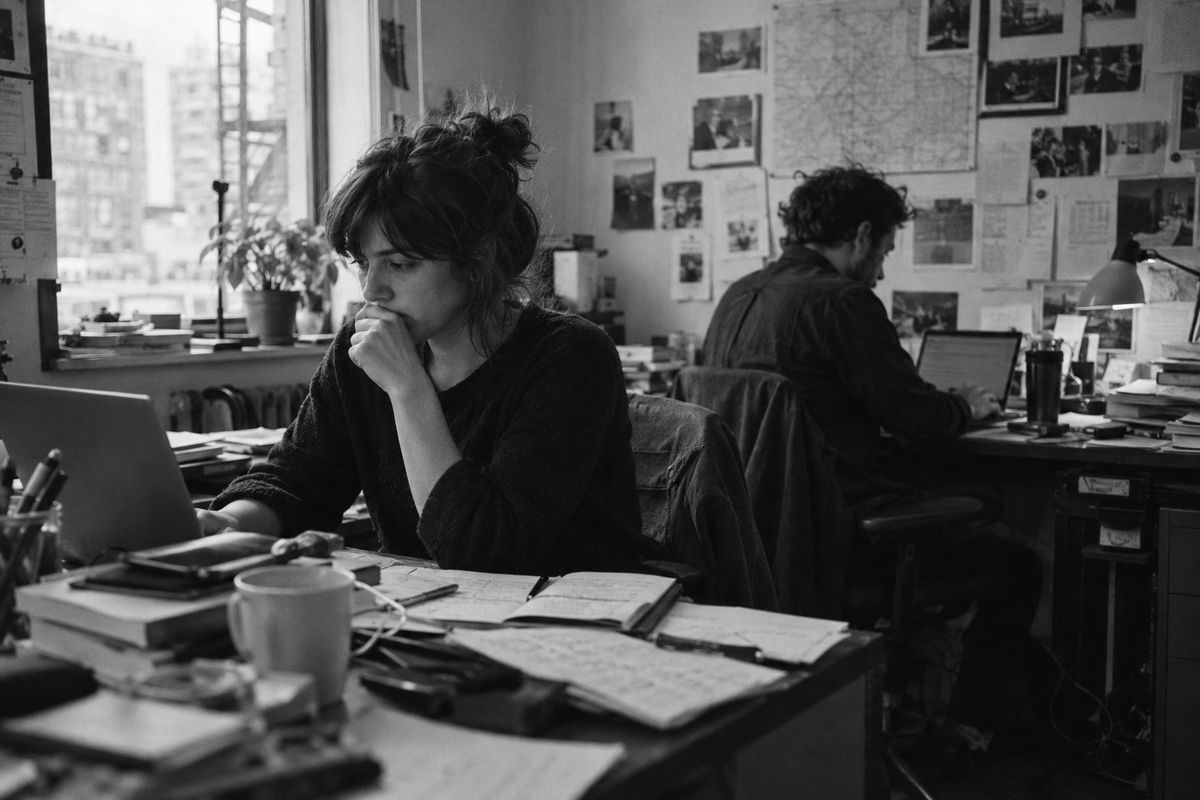 Two journalists at work in a small independent newsroom
