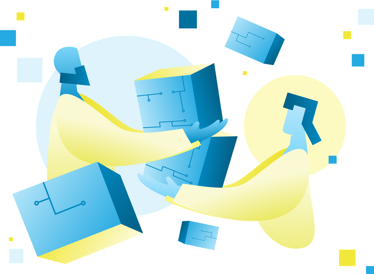 Illustration of two figures passing circuit-patterned cubes between them, in OTF blue and yellow