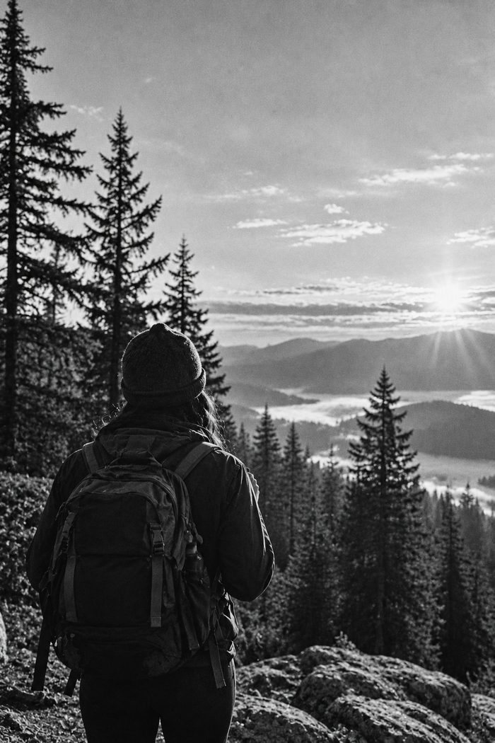 A person with a backpack looks out over pine forest and mountains at sunrise
