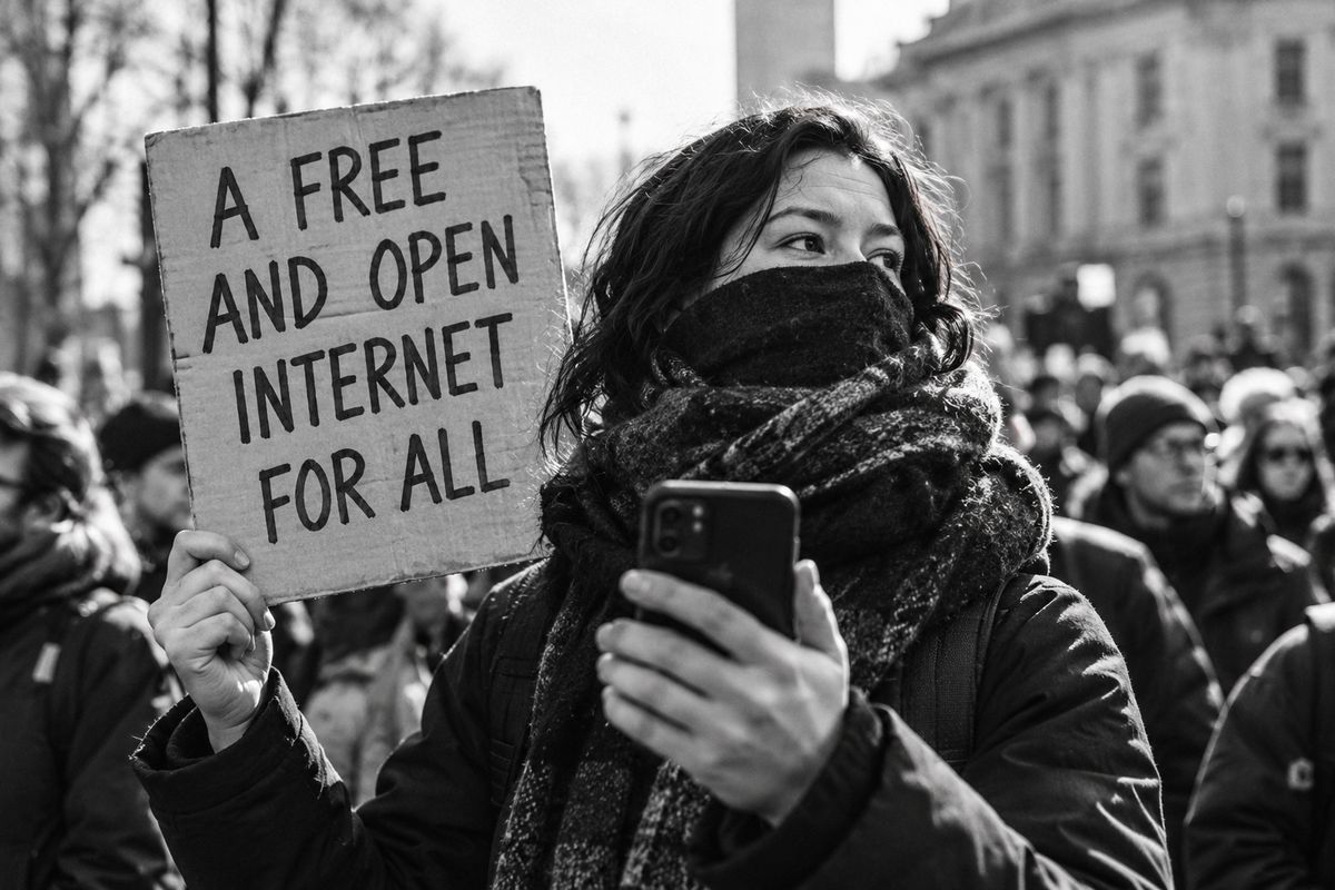 A demonstrator in a crowd holds up a phone beside a placard reading A free and open internet for all
