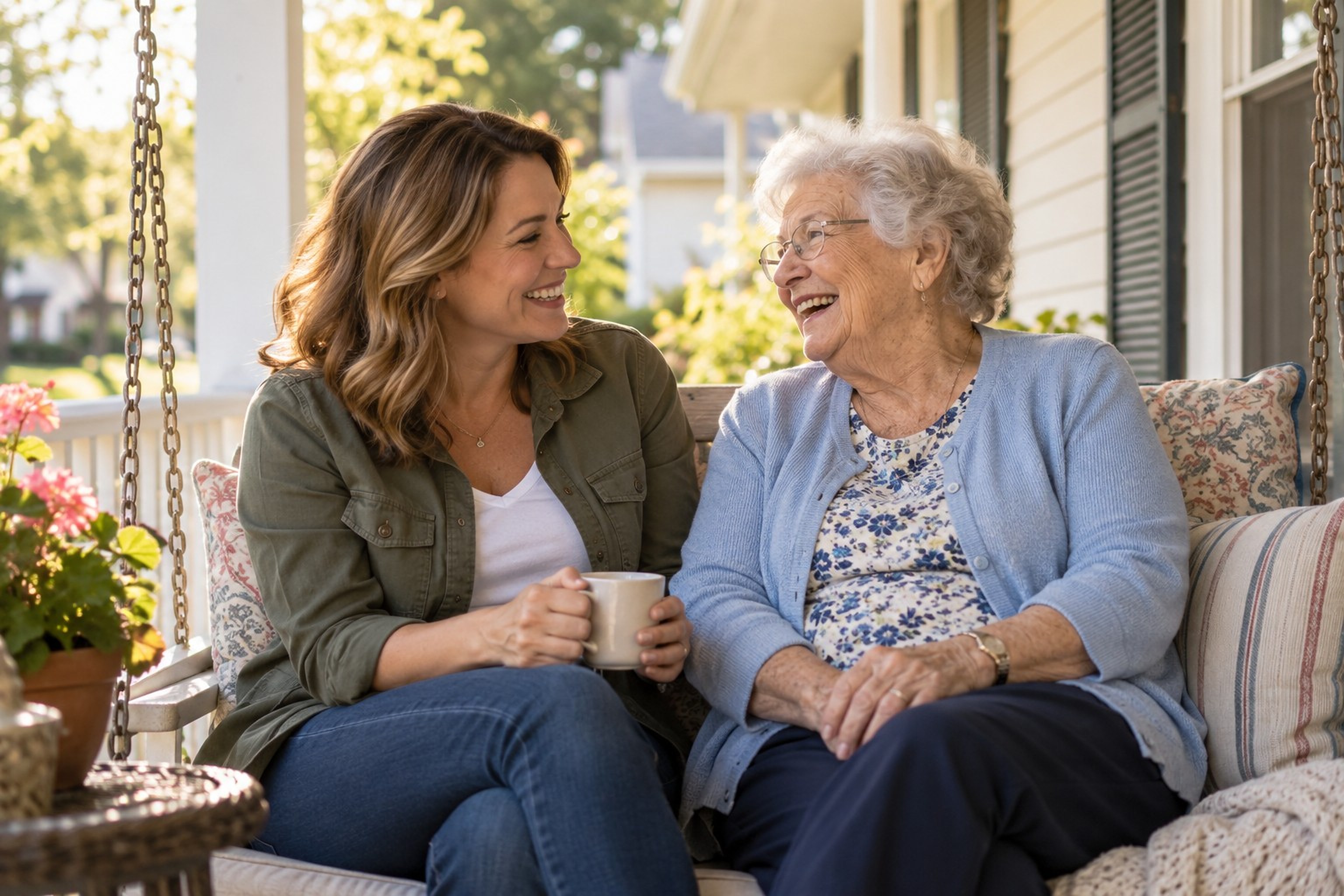 A volunteer companion and an older woman laughing on a porch swing