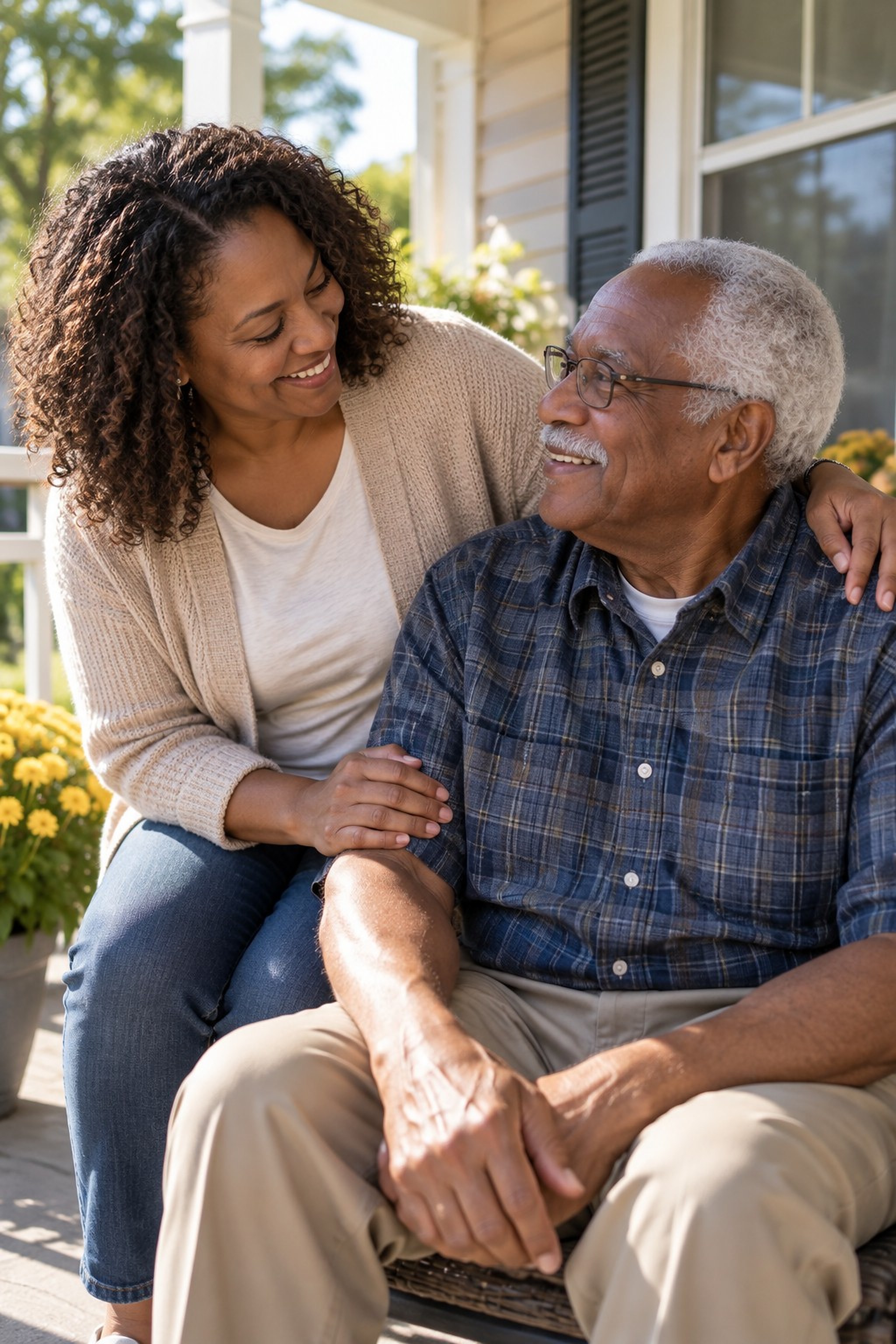 An adult daughter with her arm around her older father on a porch