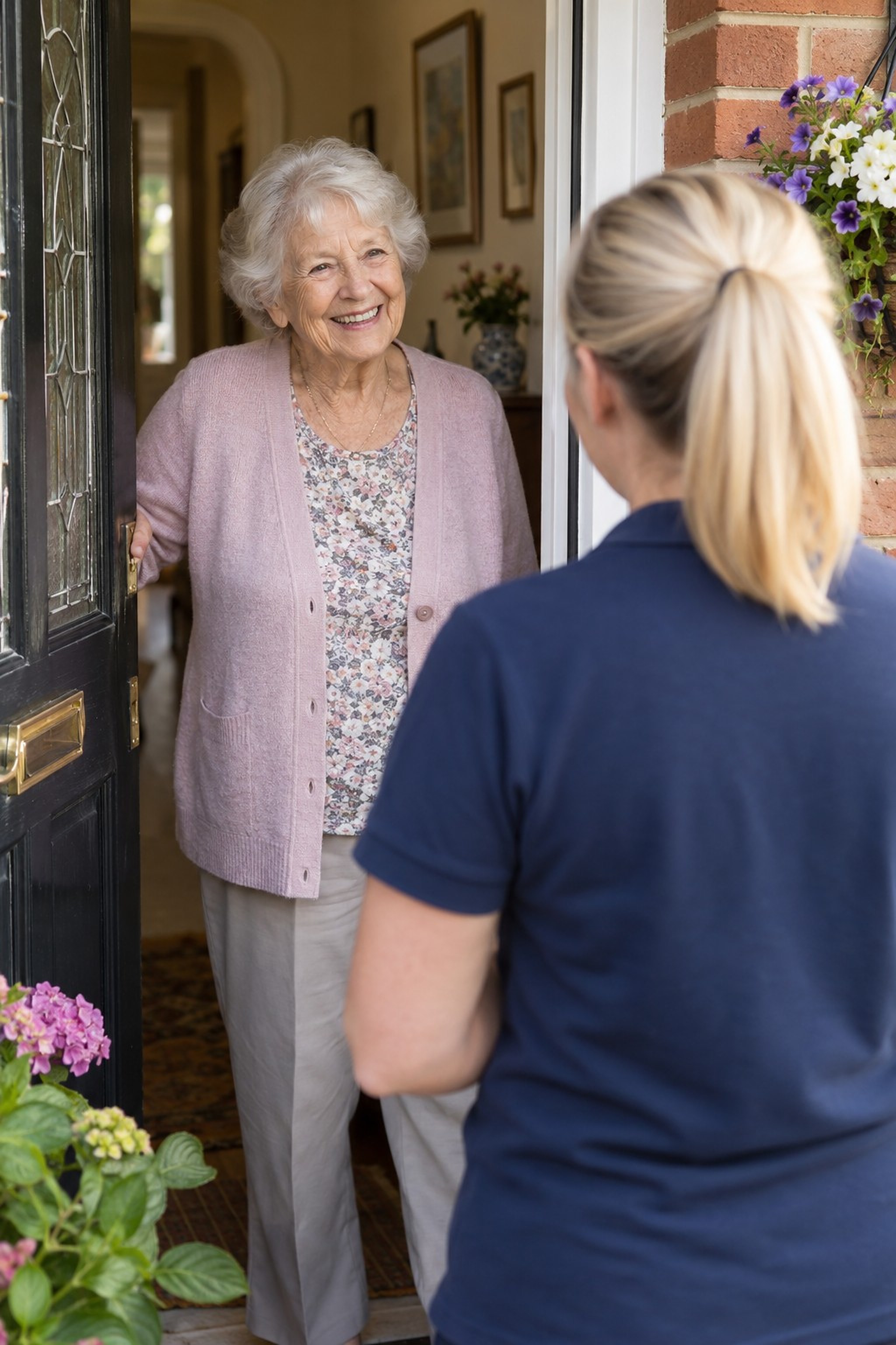 An older woman at her front door greeting a Senior Services care worker