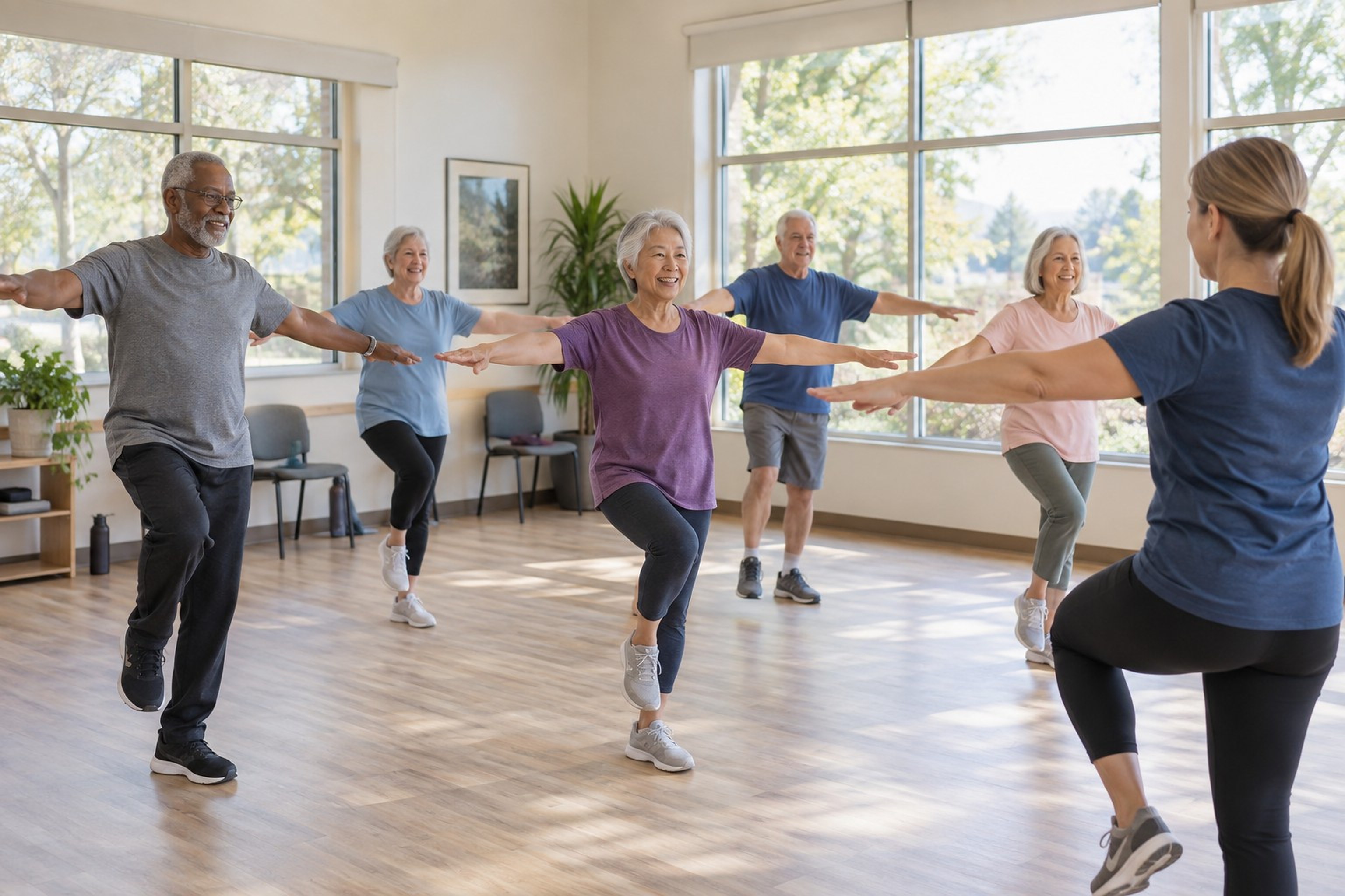 A gentle balance class in a community room