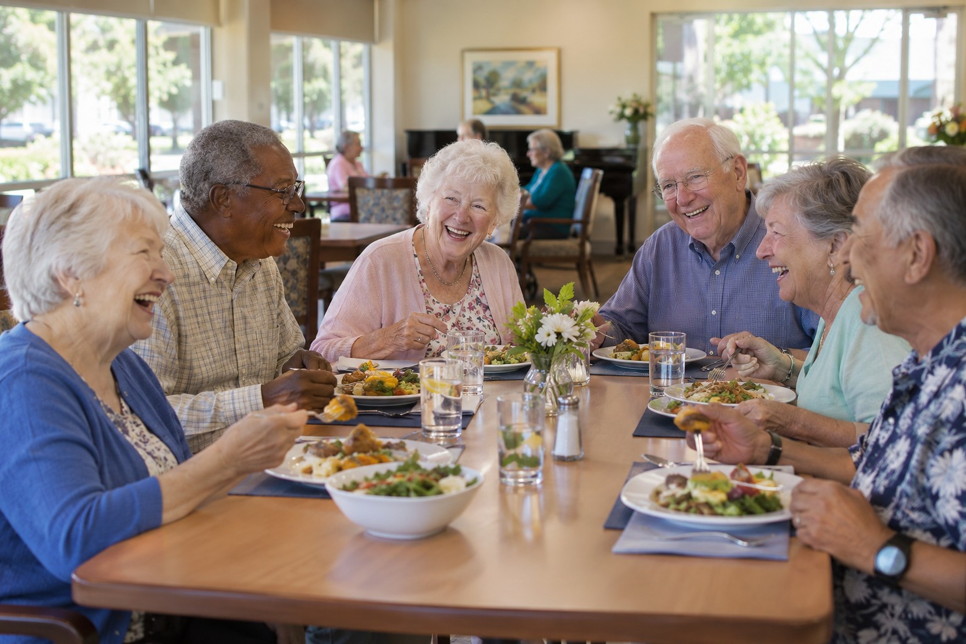 Older adults laughing over lunch at a senior center