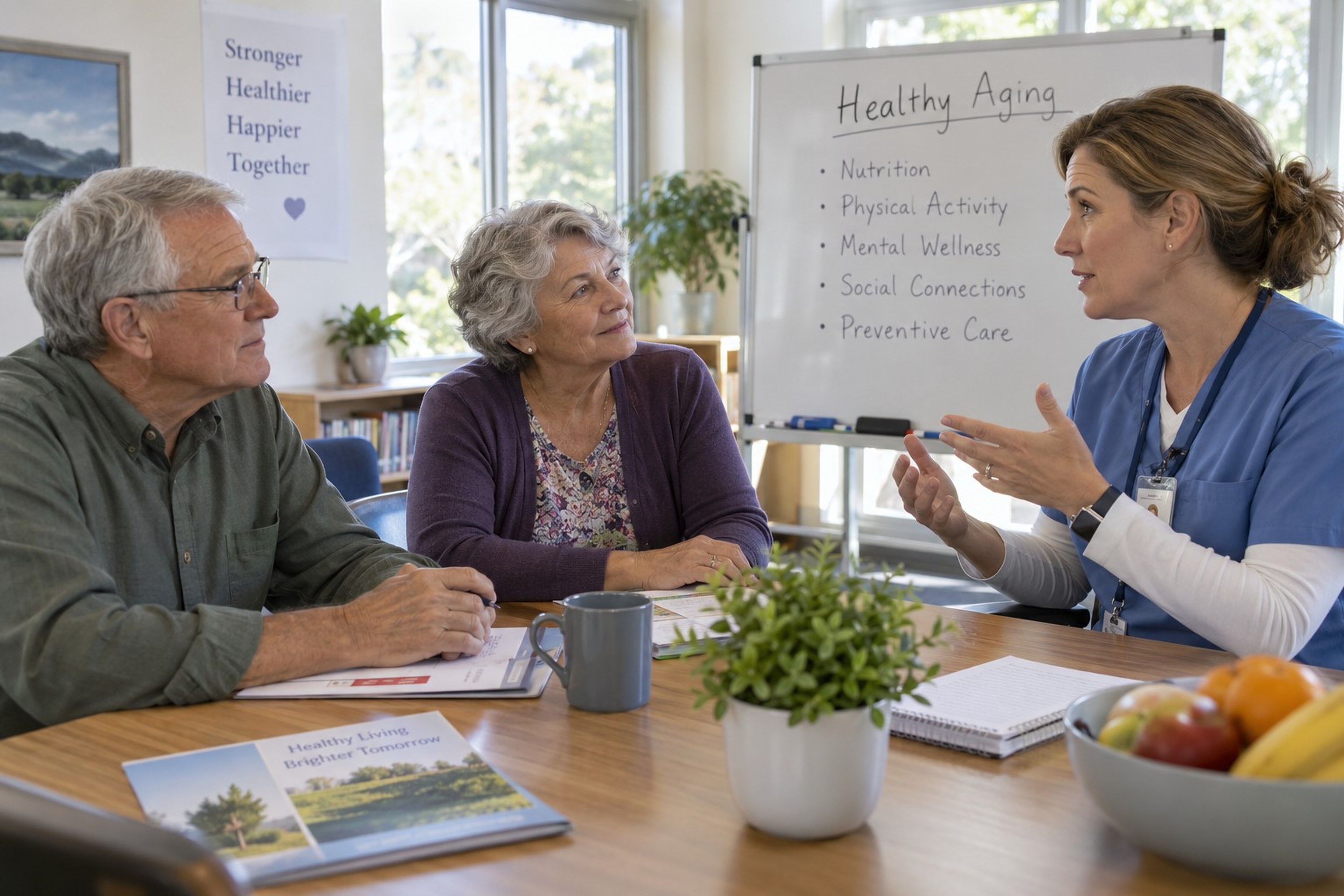 Two older adults at a health class with a nurse