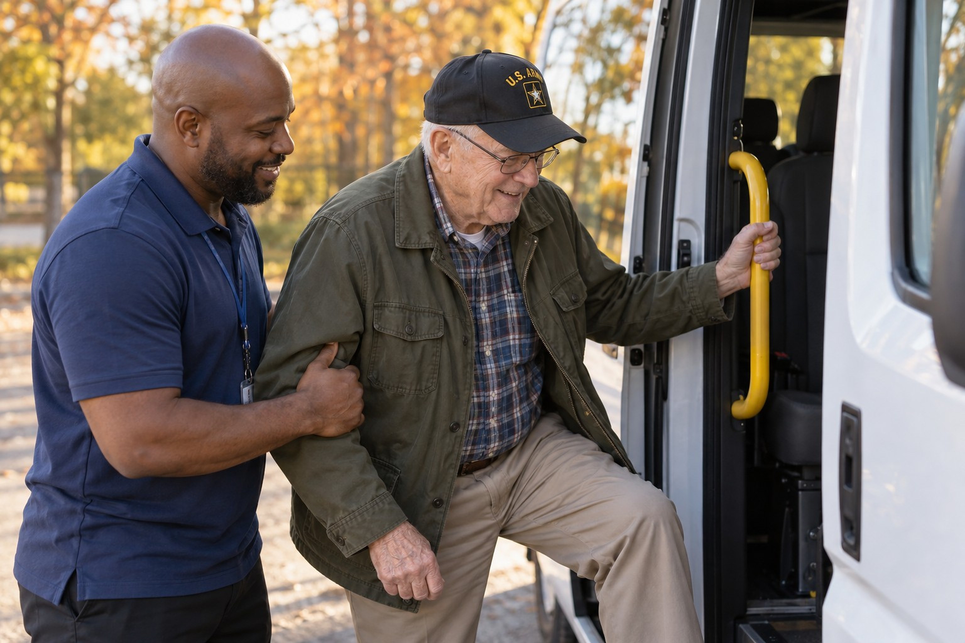 A Senior Services staff member helping a U.S. Army veteran board an I-RIDE van