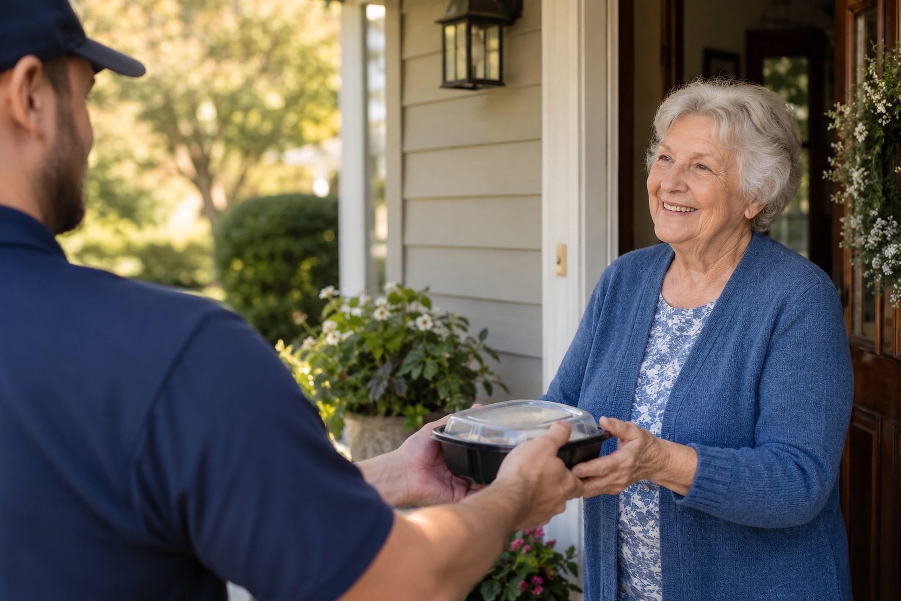 An older woman at her front door receiving a hot meal from a Senior Services driver