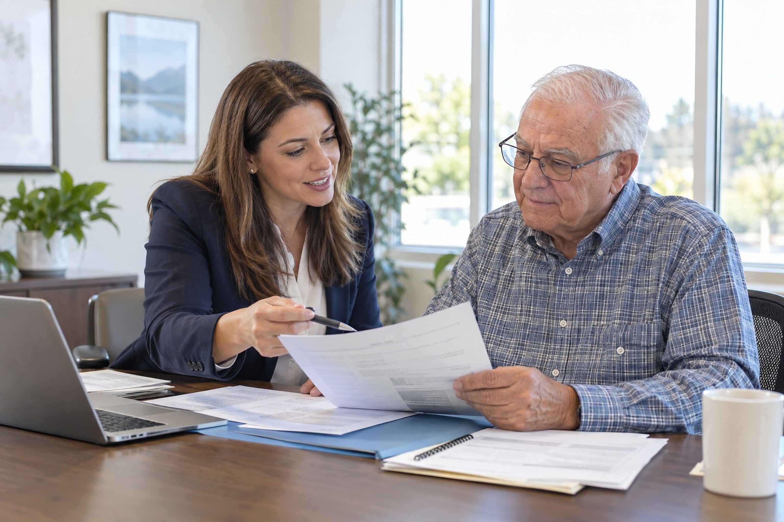 A benefits counselor reviewing Medicare paperwork with an older man