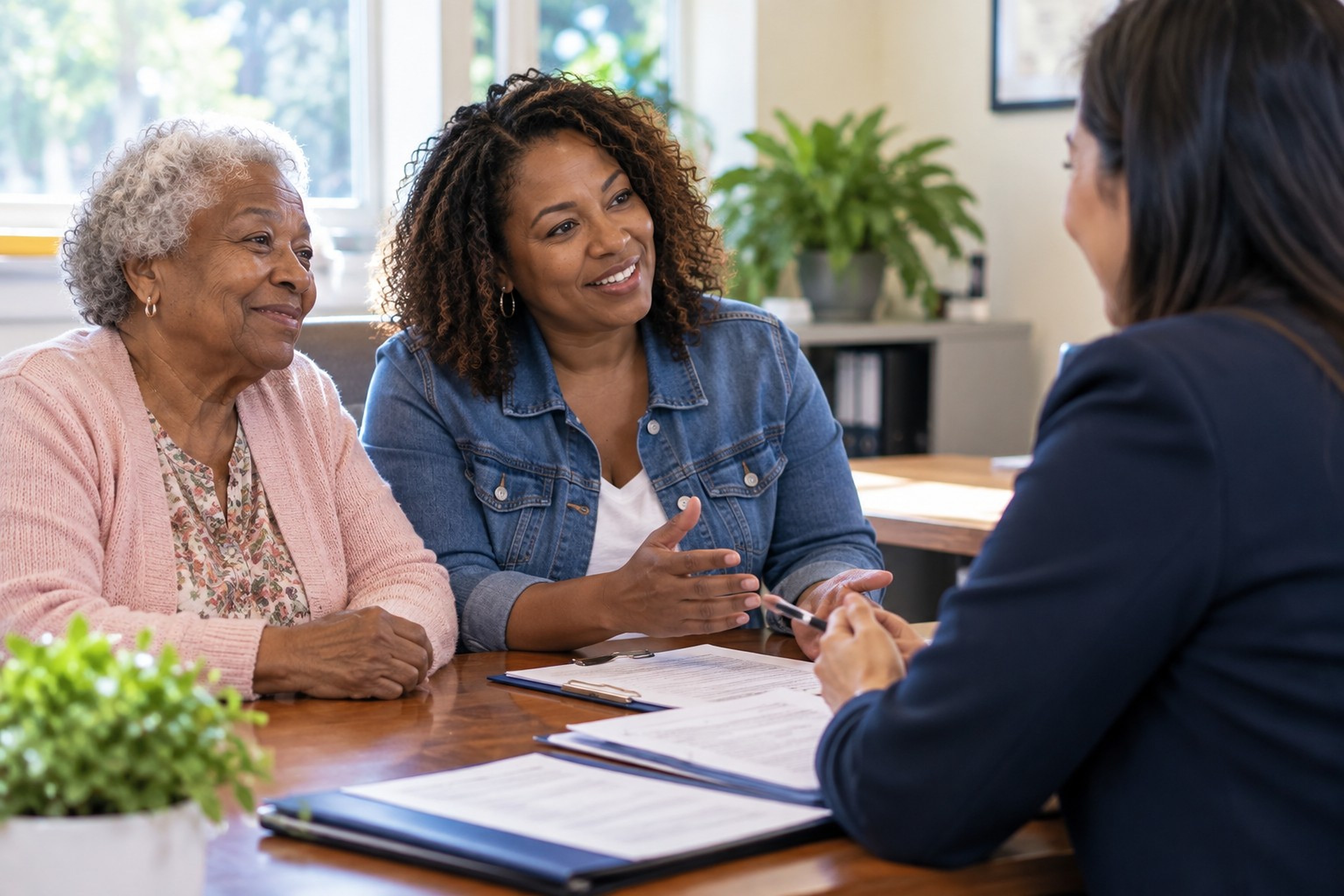 An adult daughter talking with a counselor beside her mother