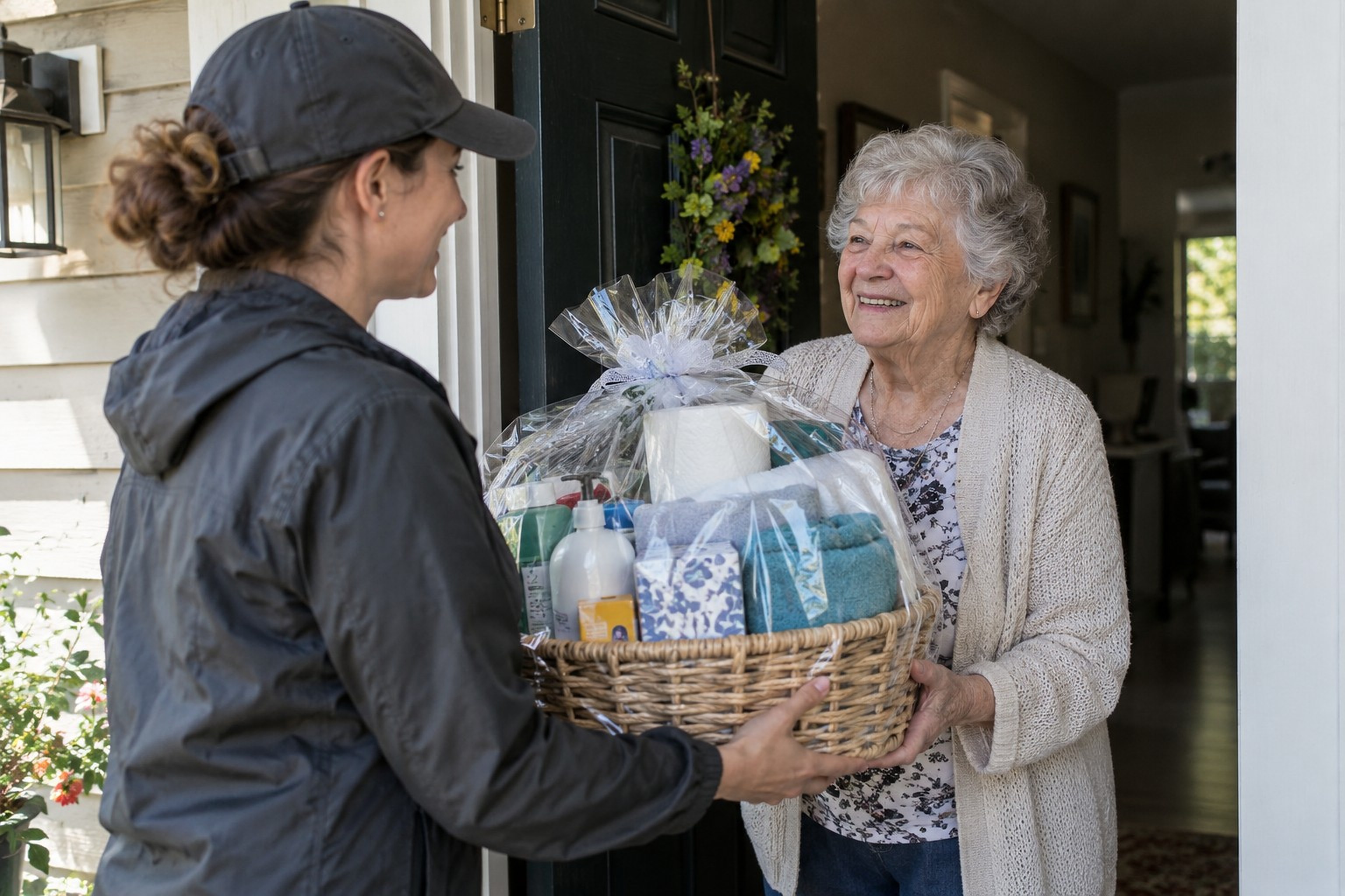 An older woman receiving a gift basket from a volunteer