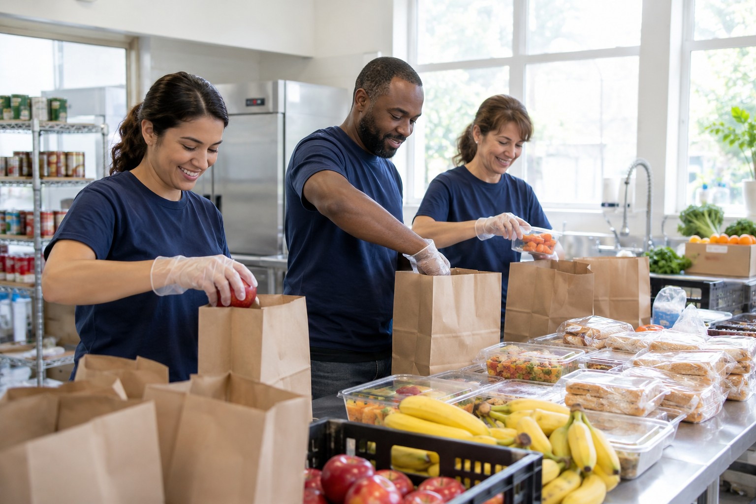 Volunteers packing meal bags in a community kitchen