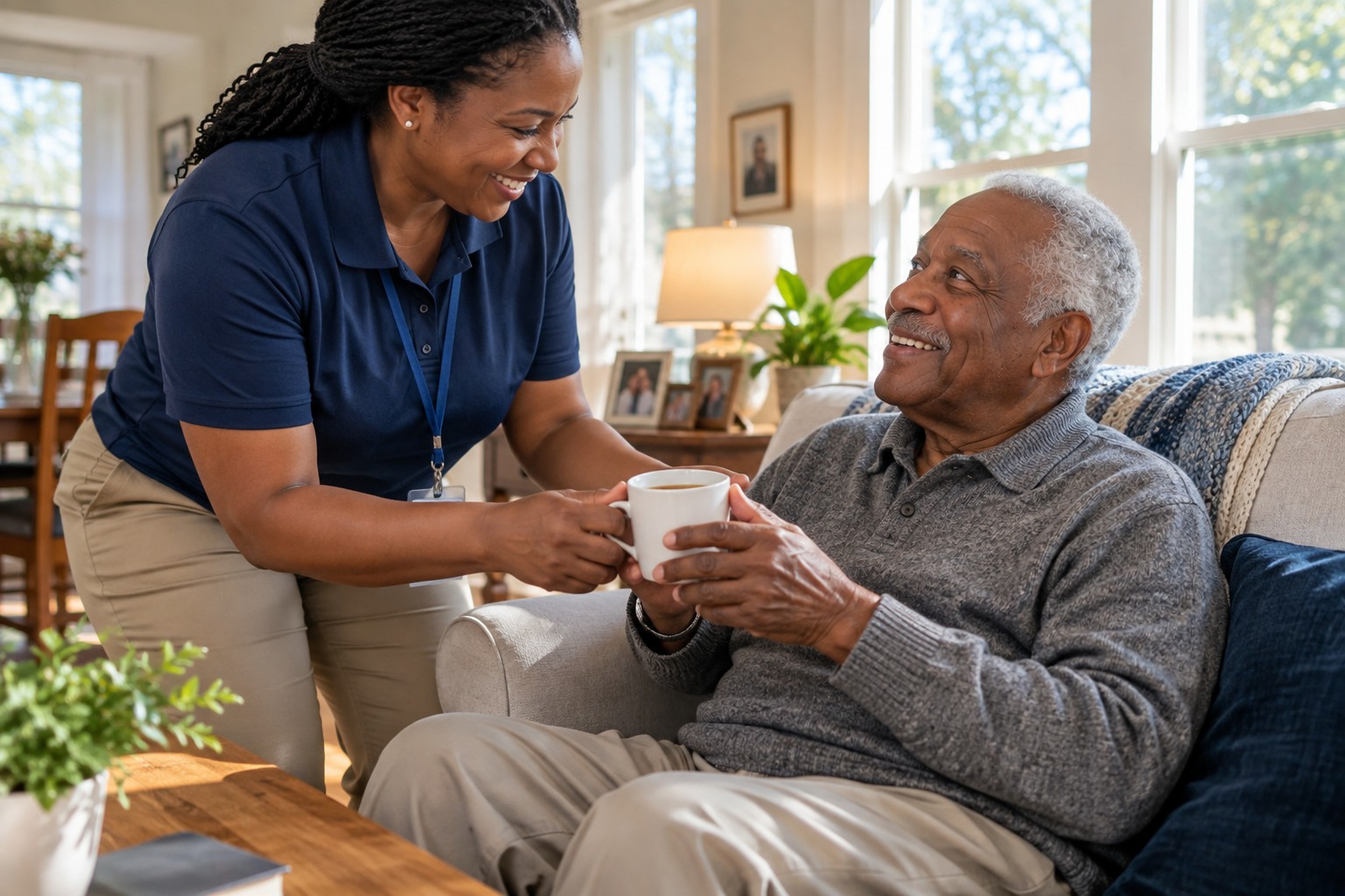A Senior Services care worker helping an older man at home