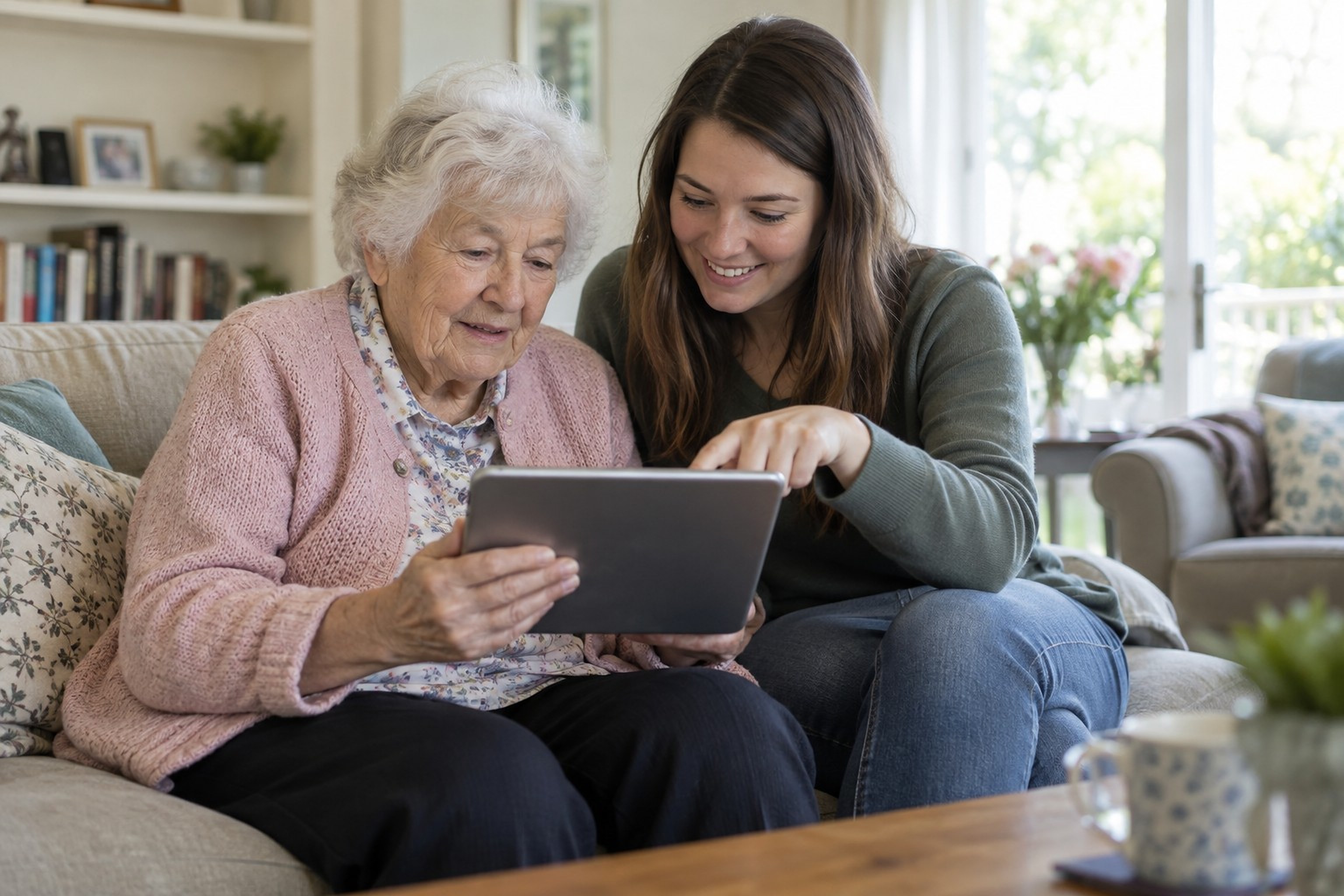 An older woman using a tablet with a volunteer