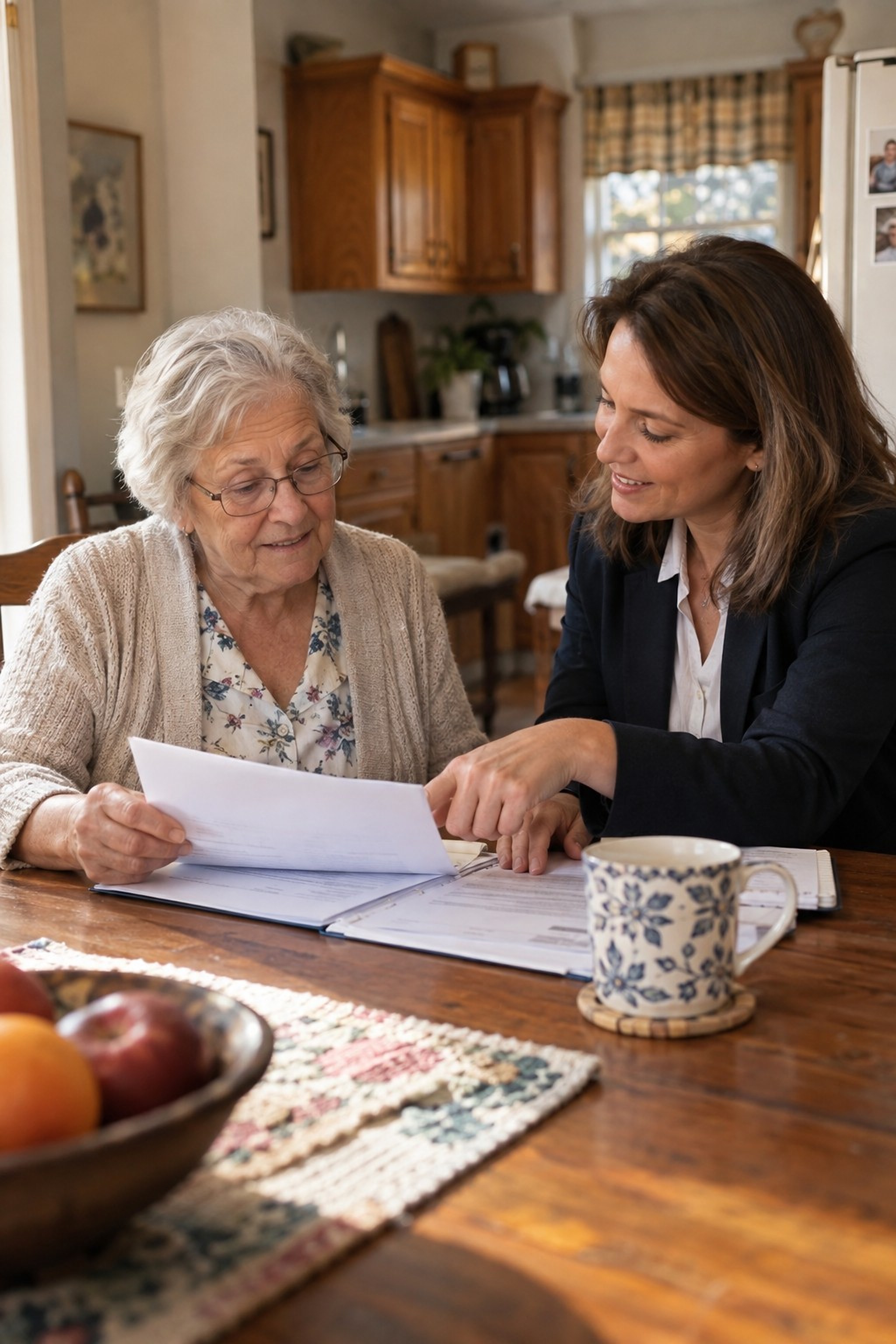 A staff member handing a Welcome Home basket to an older adult