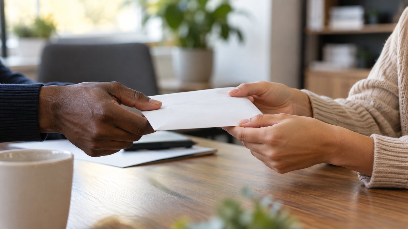Hands exchanging a charitable donation across a table