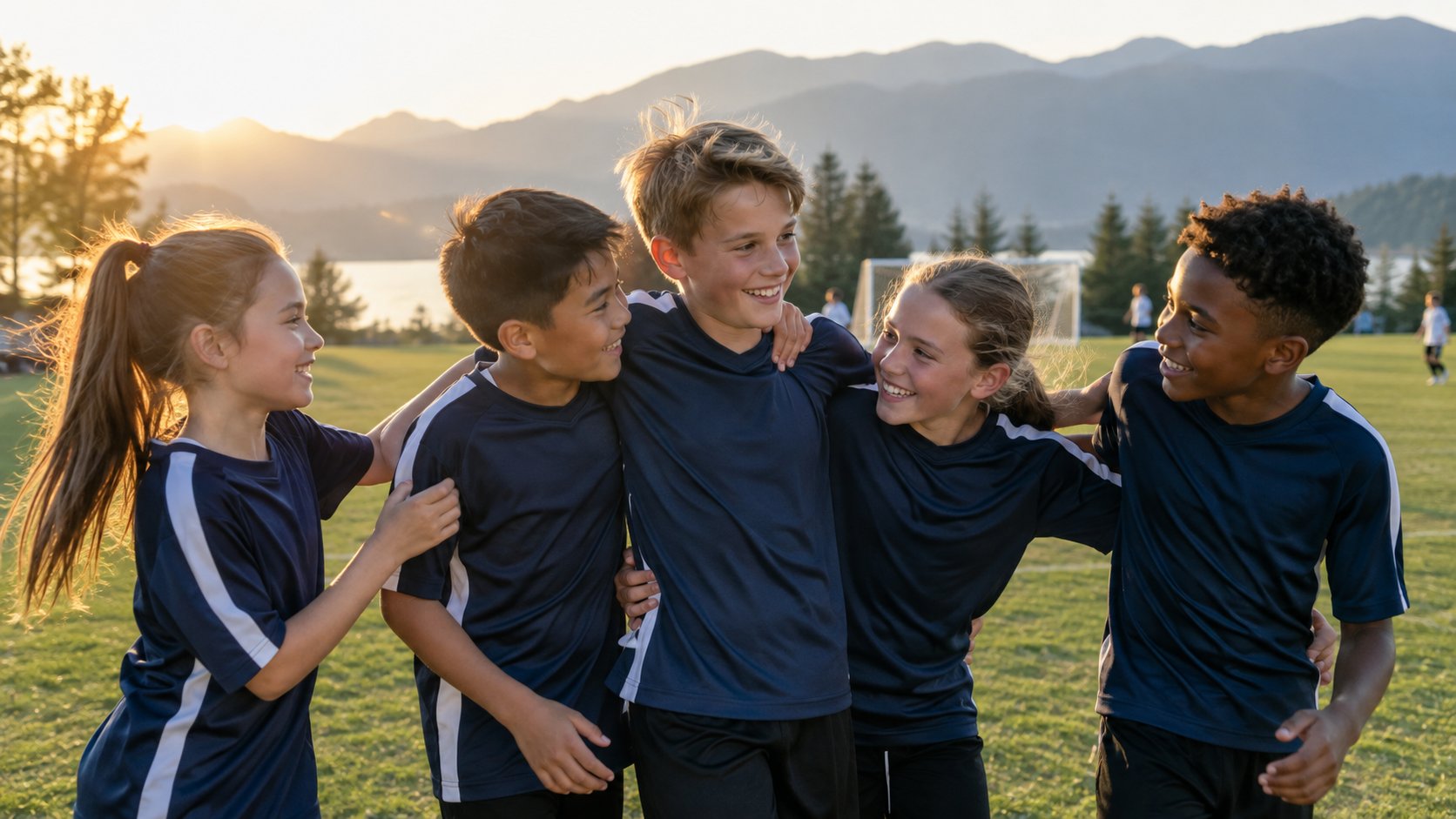 Kids in blue jerseys receiving sport equipment at a KidSport BC registration event