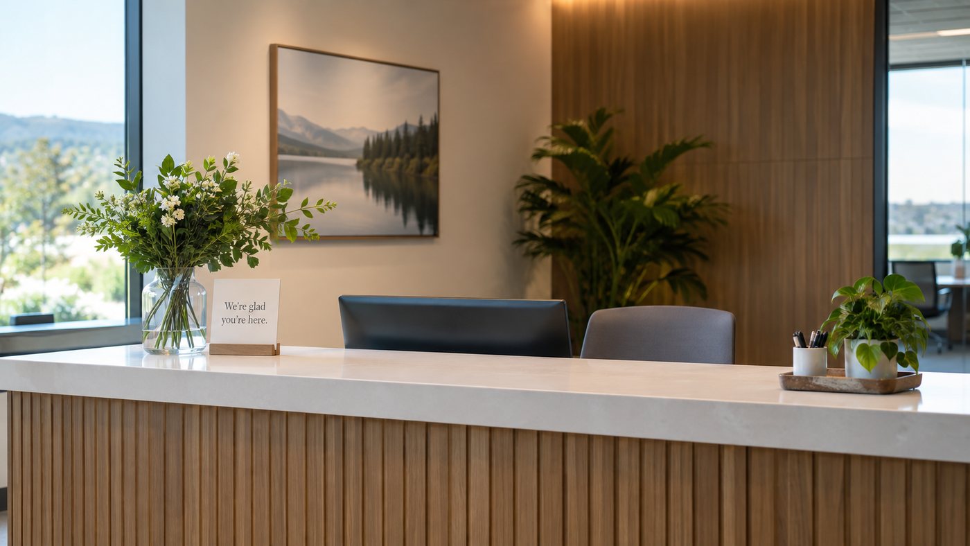 A calm, modern insurance office reception area