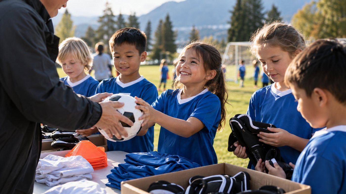 A volunteer hands sport equipment to a group of children registered with KidSport BC