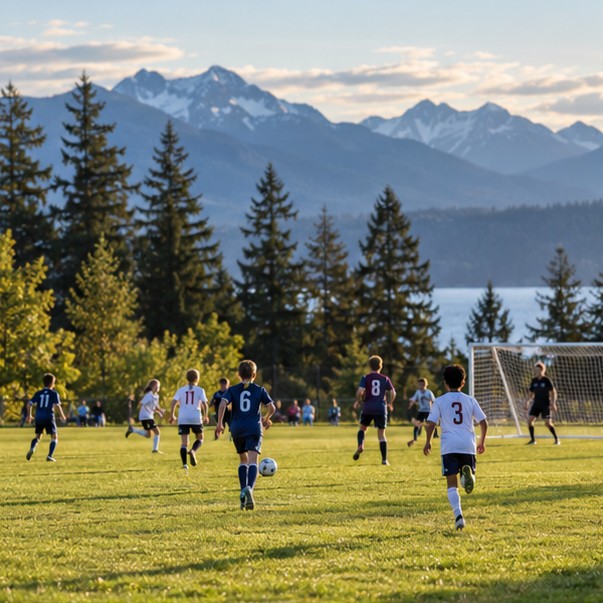 Youth field sport action in a British Columbia park