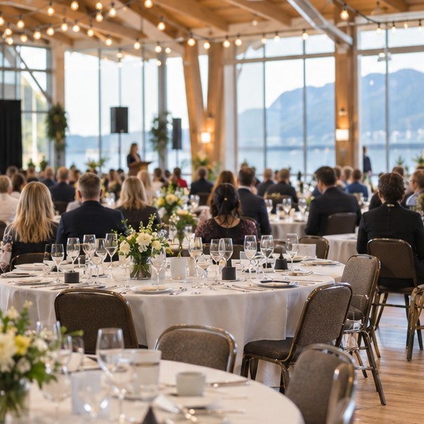 A fundraising banquet set up in a bright waterfront hall