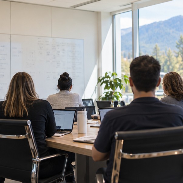 Sport organization staff working together in a bright boardroom