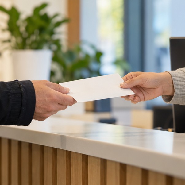 Hands passing a donation across a bright reception desk