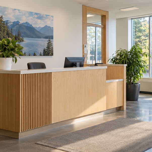 A calm, modern non-profit office reception