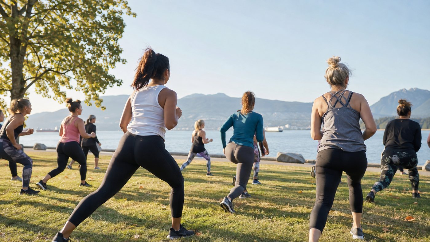 A group of women of varying ages in an outdoor fitness class in a BC park