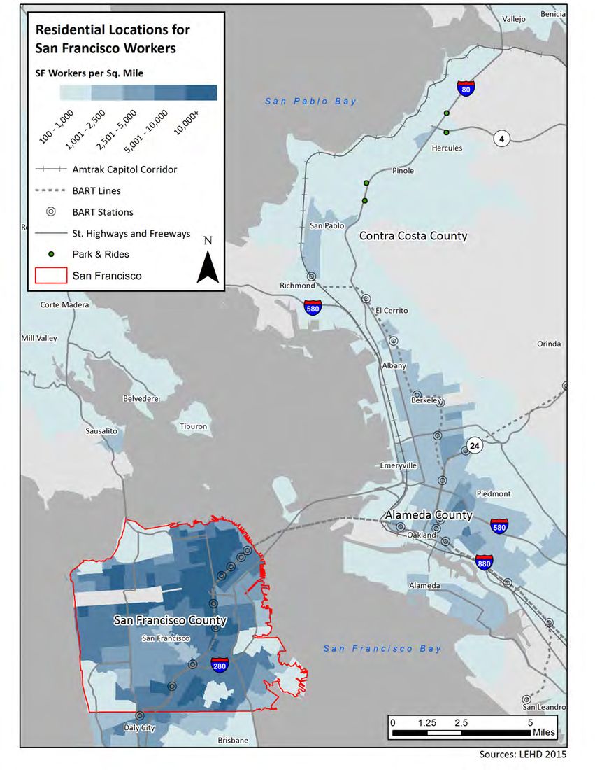 Figure in “Figure 23: Residential Locations of Oakland/Berkeley/Emeryville Employees (LEHD Data)”, from page 37 of the original document. A written description is available on request.