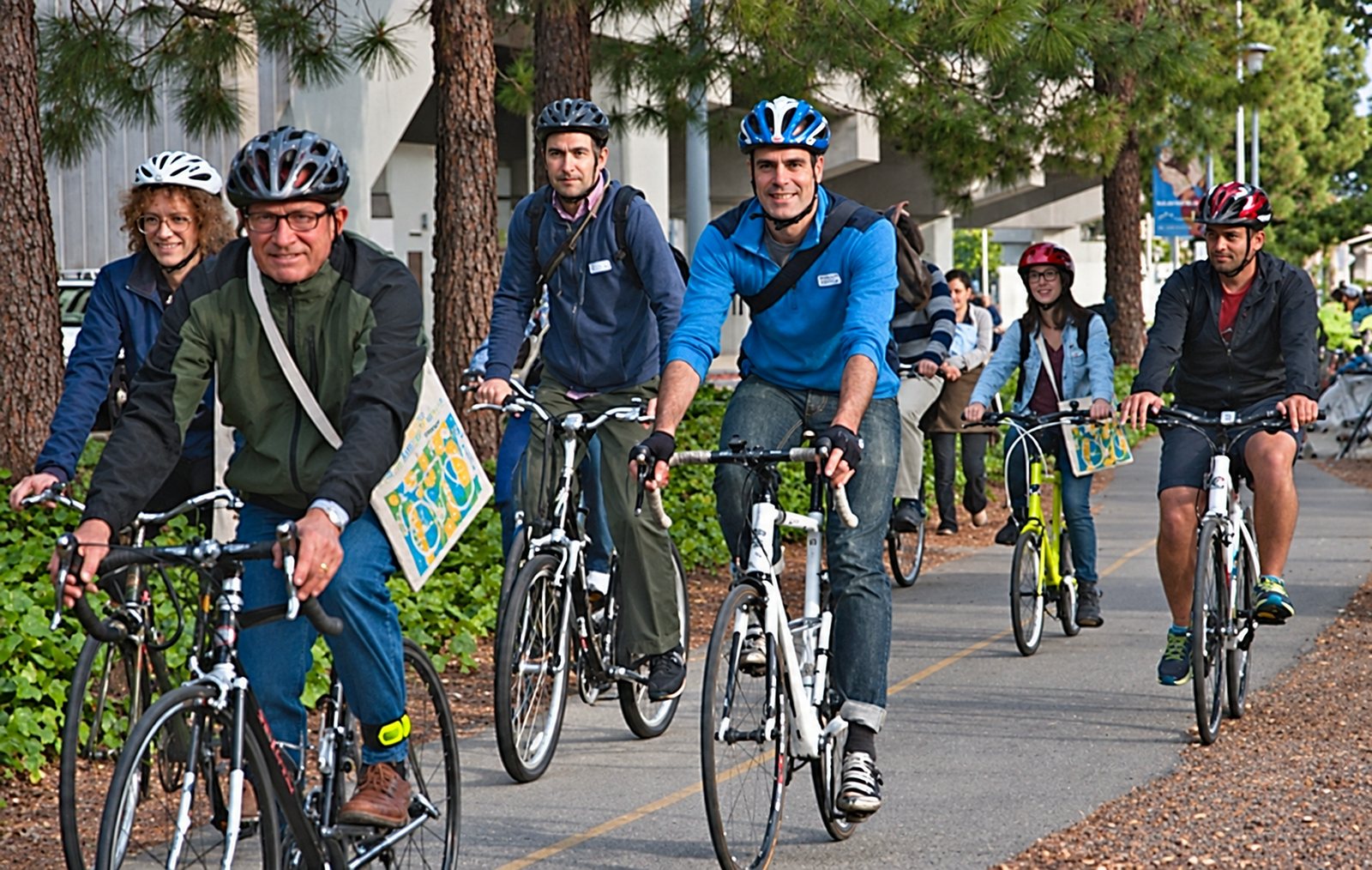 People of mixed ages riding bicycles together on a tree-lined shared path