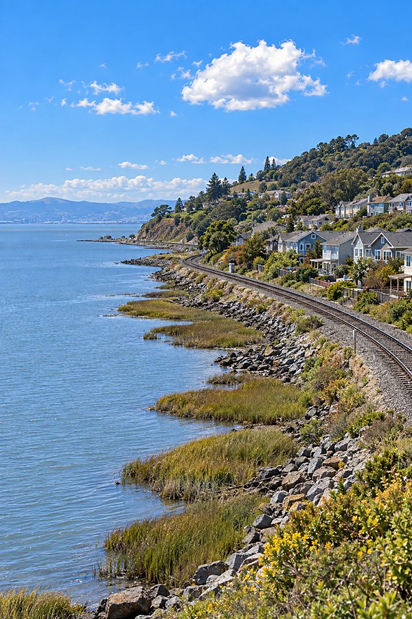 The Hercules shoreline on San Pablo Bay, the rail line curving along a low embankment below houses stepping up the wooded slope